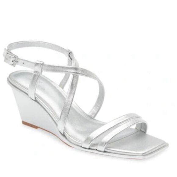 Caslon Sandals Size 9 Silver Leather Paola Open Square Toe Wedges - Picture 1 of 8